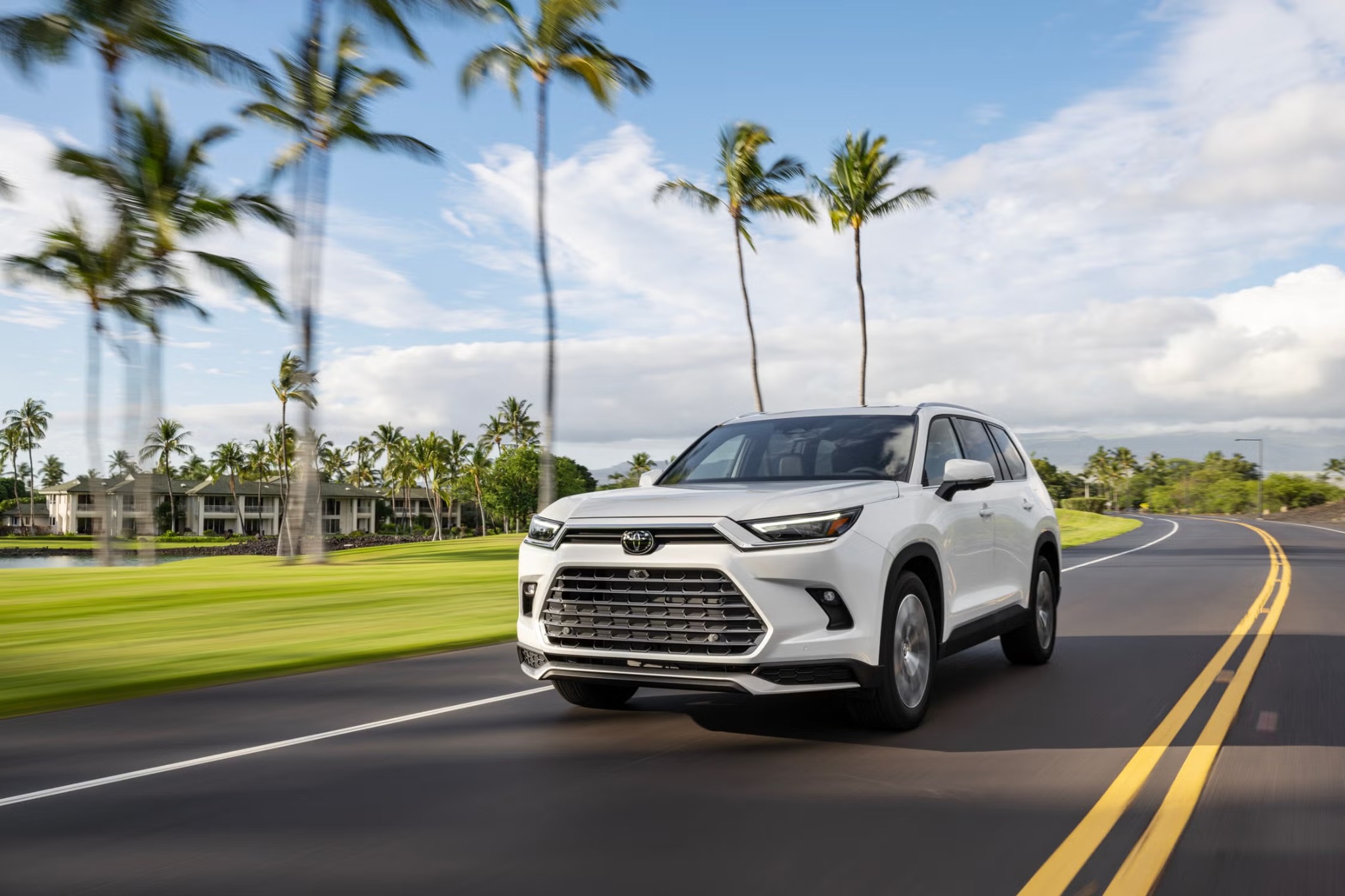 White Toyota Grand Highlander driving on a palm-lined road